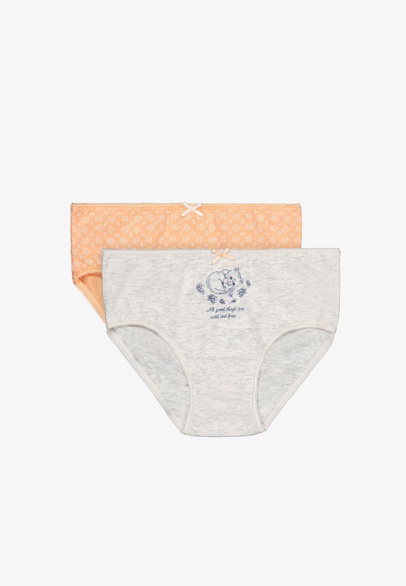Braguitas de algodón para niñas, una gris con un estampado de gato y flores y texto, otra melocotón con un patrón floral blanco, ambas con pequeños lazos delanteros.