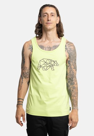 Hellgrünes ärmelloses Tanktop mit einem schwarzen geometrischen Bärenmotiv. Der Stoff wirkt glatt, hat eine legere Passform und einen Rundhalsausschnitt.