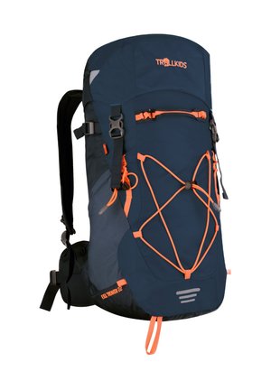 Dark blue and gray Trollkids hiking backpack with orange straps and bungee cords, black shoulder straps, and front zipper pocket.