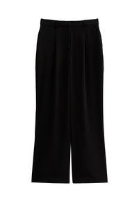Zwarte wijde broek van gladde stof, met een middelhoge taille, riemlussen en een eenvoudig, strak ontwerp zonder versieringen.