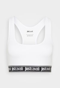 Fehér pamut elasztikus melltartó, lekerekített nyakkal és széles pántokkal. Jellemzője egy fekete elasztikus szalag, fehér "Just Cavalli" felirattal.