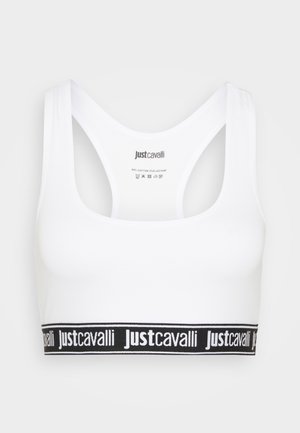 Hvid bomulds-elastan bh med scoop halsudskæring og brede stropper. Har et sort elastisk bånd med hvid "Just Cavalli" branding.