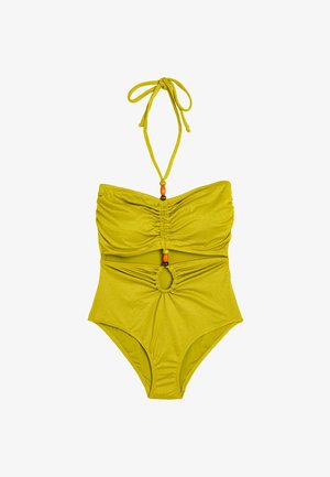 Gelbfarbener einteiliger Badeanzug mit Rüschendetail, Halterneck-Bindung und ovalem Ausschnitt im Mittelteil. Kleine dekorative Perlen akzentuieren die Bindung.