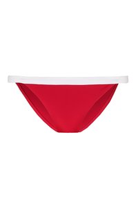 Punaiset bikinit, joissa on valkoinen vyötärönauha. Valmistettu joustavasta kankaasta, jossa on sileä pinta ja minimalistinen muotoilu. Ei kuvioita tai metalliosia.