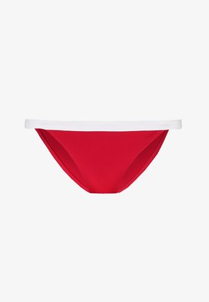 Rød bikini bund med en hvid elastik. Lavet af strækbart stof, med en glat tekstur og minimal design. Ingen mønstre eller hardware.