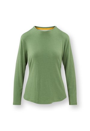 Langärmliges, rundenekshirt aus hellgrünem Stoff. Hat eine weiche Textur mit einem kontrastierenden gelben Innenkragen. Leicht abgerundeter Saum.