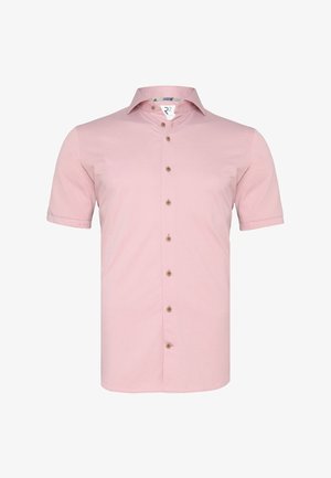 Korte mouwen, lichtroze shirt van katoen, met een knoopsluiting aan de voorkant met bruine knopen en een kraag. Zorgt voor een soepele textuur en een casual uitstraling.