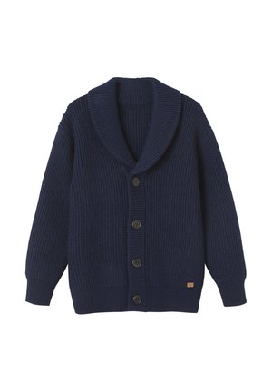 Navy blue knitted cardigan with shawl collar and four black buttons down the front, ribbed cuffs and hem, laid flat on white background.