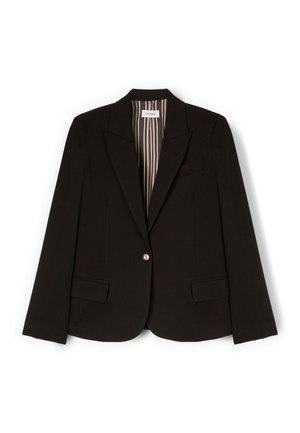 Schwarzer einreihiger Blazer mit Spitzenrevers, zwei vorderen Pattentaschen und gestreiftem Innenfutter.