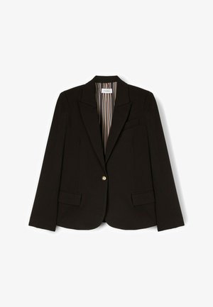 Blazer nero monopetto con rever a incavo, due tasche frontali con pattina e fodera interna a righe.