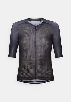 Kurzarm-Fahrradtrikot aus dunkelblauem Mesh mit einem halben Reißverschluss, das ein strukturiertes Design und ein dezentes Logo-Detail auf der Schulter aufweist.