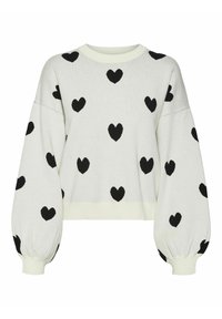 Suéter blanco de punto con patrones de corazones negros. Presenta un escote redondo, mangas abullonadas y puños y dobladillo acanalados. Textura suave.