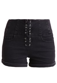 High-waisted black denim shorts with lace-up front, grommets, two front pockets, and rolled cuffs, featuring a smooth texture.