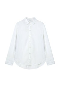Camicia lunga bianca a maniche lunghe con colletto a punta, chiusura frontale a bottoni, orlo arrotondato e texture di tessuto liscia. Presenta bottoni in tonalità argento.