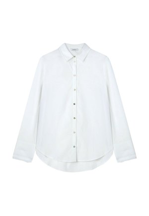 White long-sleeve shirt with a pointed collar, button-down front, rounded hem, and smooth fabric texture. Features silver-tone buttons.