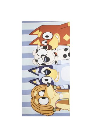 Vier gezeichnete Hunde in unterschiedlichen Farben und mit verschiedenen Gesichtsausdrücken sind vertikal übereinander gestapelt vor einem hellblau gestreiften Hintergrund.