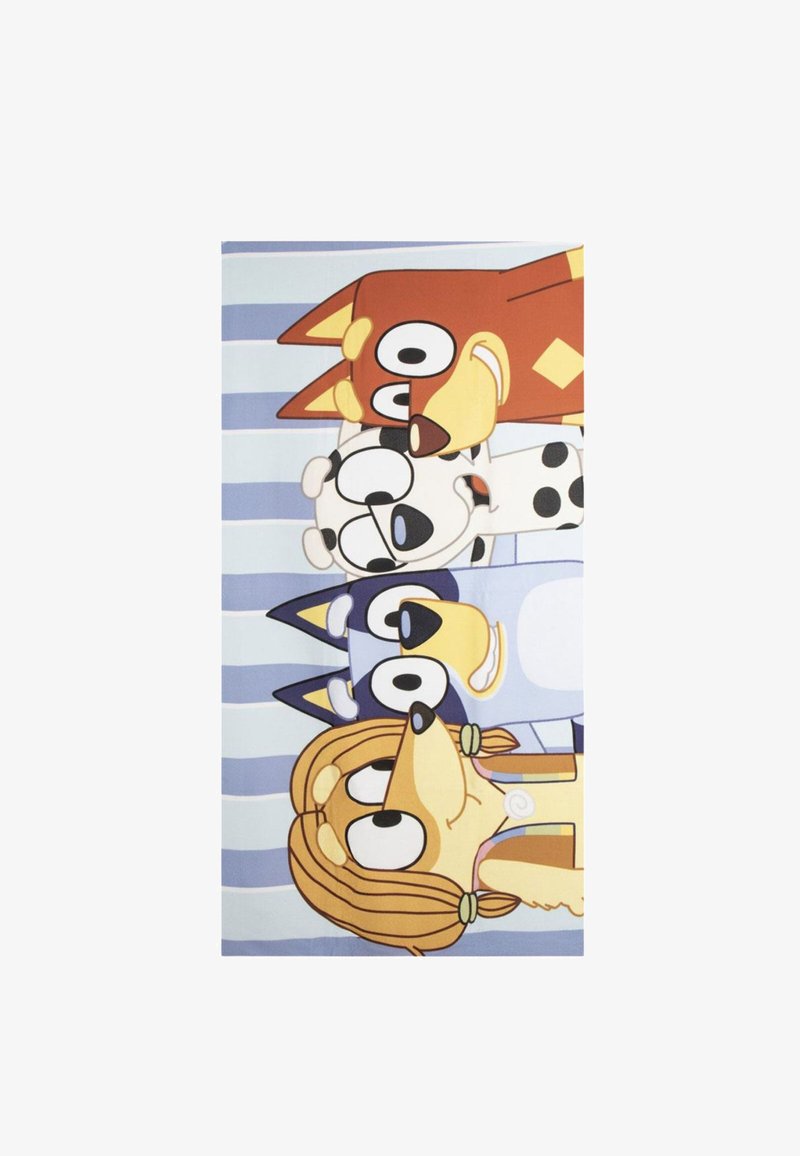 Quatre chiens de dessin animé de couleurs et d'expressions distinctes sont empilés verticalement sur un fond à rayures bleu clair.