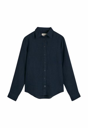 Camicia in lino blu navy con colletto button-down, maniche lunghe e orlo dritto. Presenta un logo discreto sul petto.