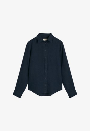 Camisa de lino azul marino con cuello button-down, mangas largas y dobladillo recto. Presenta un logo sutil en el pecho.