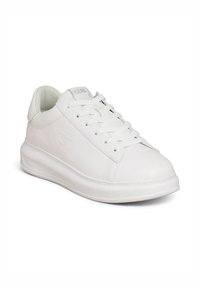 Fehér sneaker, sima bőrből készült, árnyalatban illeszkedő varrással, kerek orral, fűzős elülső résszel és texturált talppal. Oldalán logó részlet található.