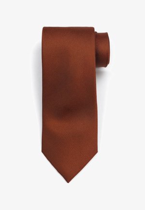 Brown textured tie with a narrow width, featuring a fine weave pattern. The tie is rolled at the top, showing its smooth fabric.