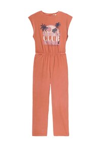 Combinaison en terracotta à manches courtes, taille élastique, avec un graphique "Summer Club" et un design de palmier. Matière en coton doux, coupe décontractée.