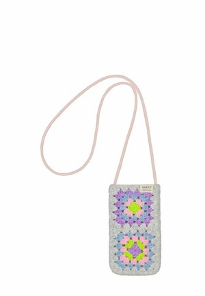 Small crocheted pouch with pink strap, featuring colorful granny square patterns in purple, blue, pink, and green.