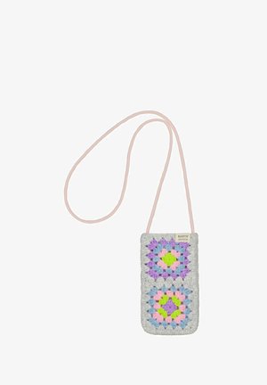 Small crocheted pouch with pink strap, featuring colorful granny square patterns in purple, blue, pink, and green.