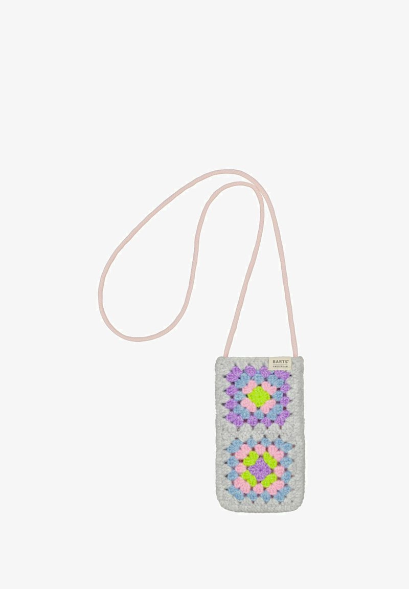 Small crocheted pouch with pink strap, featuring colorful granny square patterns in purple, blue, pink, and green.