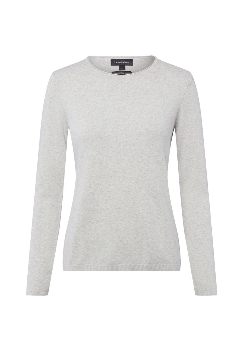 Hellgrauer Pullover mit langen Ärmeln und rundem Ausschnitt. Hergestellt aus weichem, strukturiertem Stoff. Schlichtes Design, ohne Muster oder Verzierungen.