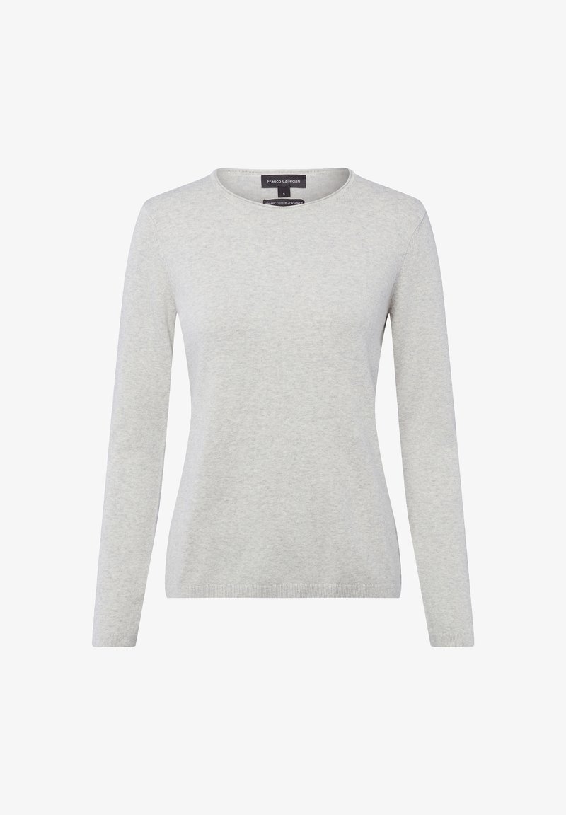 Hellgrauer Pullover mit langen Ärmeln und rundem Ausschnitt. Hergestellt aus weichem, strukturiertem Stoff. Schlichtes Design, ohne Muster oder Verzierungen.