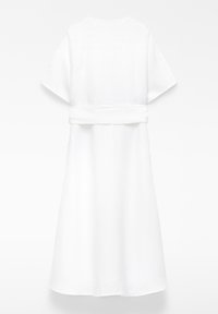 White short-sleeve midi dress with a waist tie belt, A-line skirt, and simple round neckline shown from the back on a white background.