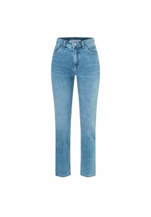 Lichtblauwe high-waist rechte jeans met knoop- en ritssluiting aan de voorkant, voor- en achterzakken en riemlussen.