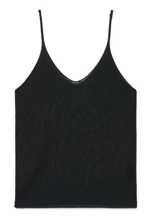 Schwarzes Strick-Camisole mit dünnen Spaghettiträgern und V-Ausschnitt, flach auf weißem Hintergrund liegend abgebildet.