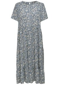 Fluffig klänning med korta ärmar i ett blått och krämfärgat blommönster, med ett nyckelhål i ryggen och en avslappnad silhuett.