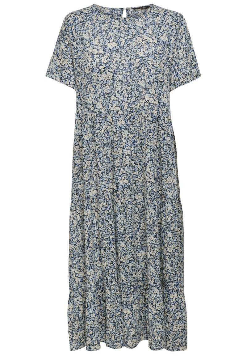 Fluffig klänning med korta ärmar i ett blått och krämfärgat blommönster, med ett nyckelhål i ryggen och en avslappnad silhuett.