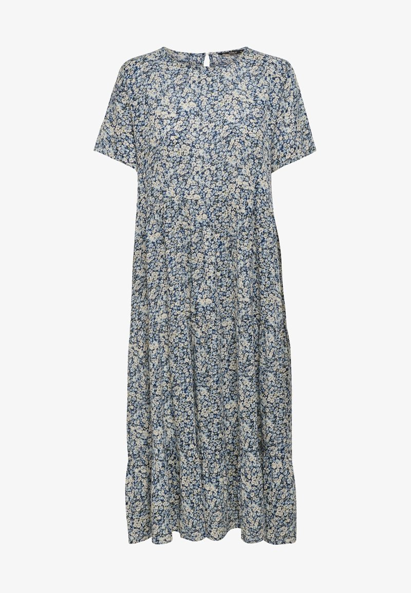 Fluffig klänning med korta ärmar i ett blått och krämfärgat blommönster, med ett nyckelhål i ryggen och en avslappnad silhuett.