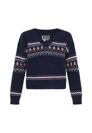 Maglione a V in maglia blu navy, con motivi a strisce in rosso, bianco e blu. Maniche lunghe con polsini a coste.
