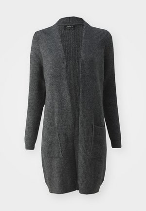 Cardigan long et ouvert en gris foncé avec une texture côtelée, deux poches avant et des manches longues. Tissu tricoté doux.