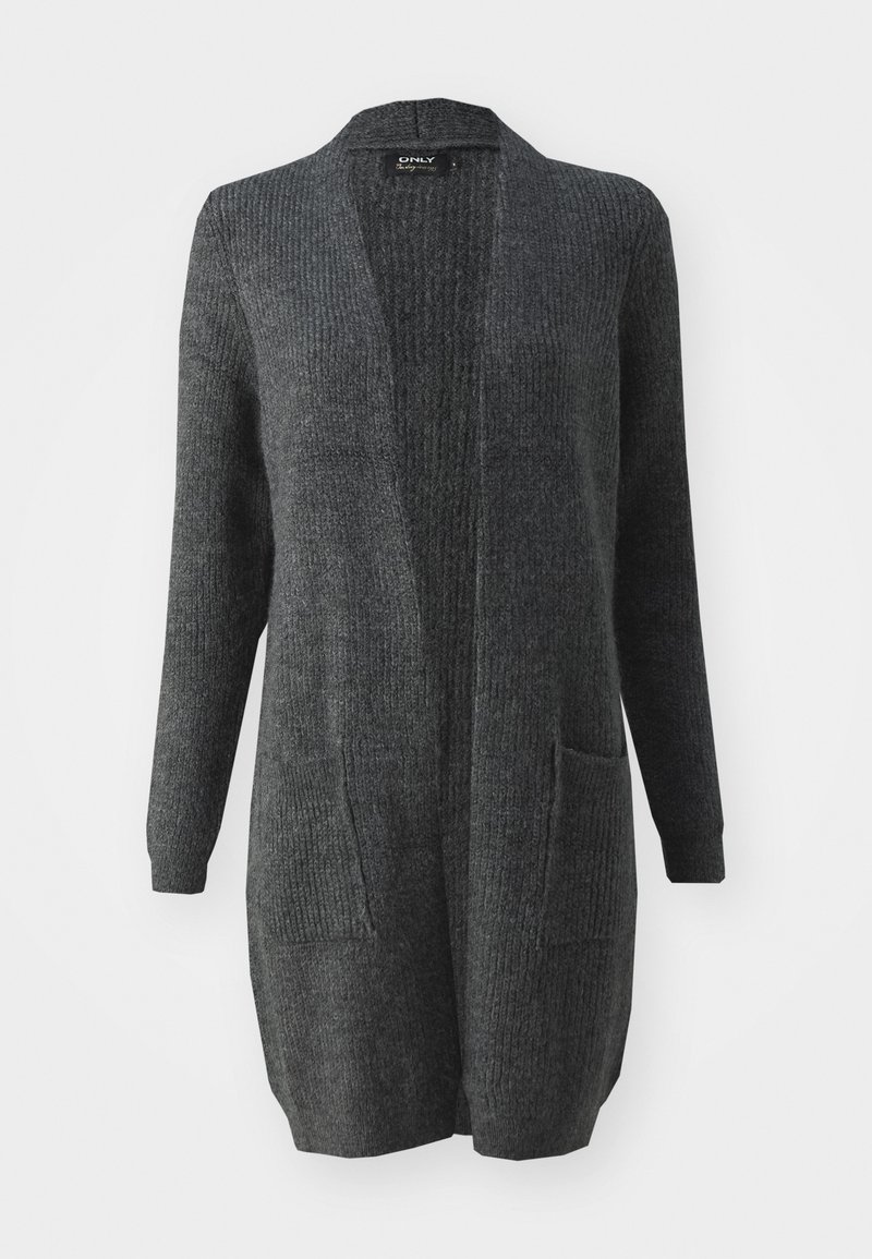 Long, open-front cardigan in dark gray with ribbed texture, two front pockets, and long sleeves. Soft, knitted fabric.