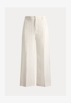 Λευκό παντελόνι με ψηλή μέση και λεπτές κάθετες μπλε ρίγες, κούμπωμα με κουμπί και φερμουάρ, και φαρδιά, ίσια πόδια.