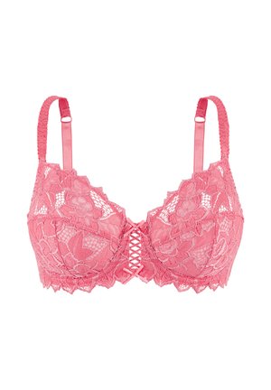 Soutien-gorge en dentelle rose avec motifs floraux, bretelles réglables et un détail décoratif en ruban croisé au centre avant.