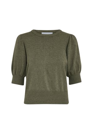 Olivgrön kortärmad tröja med rund halsringning, puffärmar och ribbade fållar. Tillverkad av ett mjukt, texturerat stickat tyg.