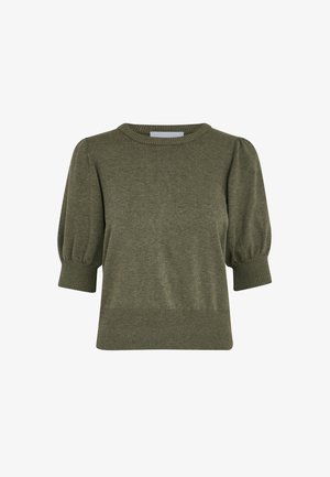 Alyvuogių žalios spalvos trumpų rankovių megztinis su apvalia iškirpte, pūstomis rankovėmis ir raukiniais apatine dalimi. Pagamintas iš minkštos, tekstūrinės megztos medžiagos.