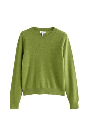Maglione verde lavorato a maglia con scollo rotondo, polsini e orlo a coste. La trama del tessuto appare morbida e liscia, con un colore uniforme senza motivi.