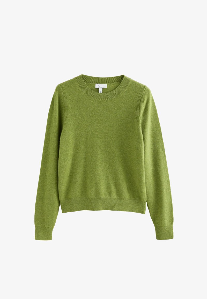 Groene gebreide trui met een ronde hals, lange mouwen en geribbelde boorden en zoom. Zachte textuur; lichtgewicht ontwerp.