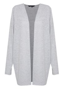 Cardigan lungo grigio chiaro con maniche lunghe, apertura frontale e senza chiusure. Tessuto a maglia morbido e strutturato, con vestibilità rilassata e spalle scese.