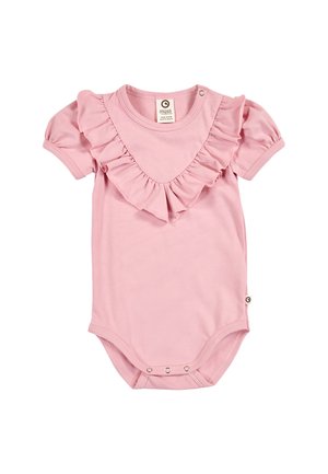 Rosa Baby-Strampler mit kurzen Ärmeln, gerafftem V-förmigem Ausschnitt, Druckknöpfen an Schulter und Schritt, aus weichem Stoff.
