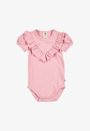 Body rose pour bébé à manches courtes avec encolure en V volantée, boutons-pression aux épaules et à l'entrejambe, fabriqué en tissu doux.