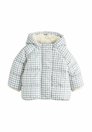 Padded kapucňová bunda v modro-bielej kockovanej vzore s ružovými bodkami. Fleece podšívka v krémovej farbe a rebrované manžety.
